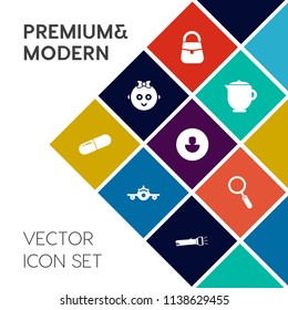 Modern, simple vector icon set on colorful flat background with female, beverage, breakfast, kid, airport, flight, bag, teapot, aircraft, childhood, trip, medicine, travel, pill, pot, people icons