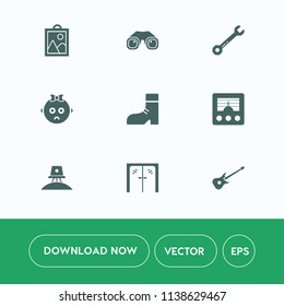 Modern, simple vector icon set on white background with repair, sad, binocular, camera, door, spaceship, glass, military, communication, footwear, tool, antenna, entrance, spanner, exploration icons