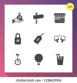 Modern, simple vector icon set on gradient background with day, sign, money, game, road, juice, event, timetable, sack, date, lock, label, schedule, calendar, currency, direction, protection icons
