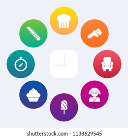 Modern, simple vector icon set on colorful circle backgrounds with cutter, kitchen, sign, fruit, hour, geisha, hat, furniture, sweet, clock, repair, tool, restaurant, food, doughnut, knife, cook icons