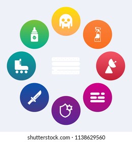 Modern, simple vector icon set on colorful circle backgrounds with cutlery, healthy, nutrition, layout, humanoid, monster, signal, fork, meat, antenna, radio, white, food, security, housework icons