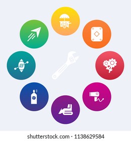 Modern, simple vector icon set on colorful circle backgrounds with hairdryer, air, paint, work, tool, repair, flower, bulldozer, play, food, poker, boat, van, aircraft, machinery, airplane, hair icons