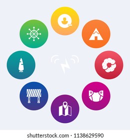 Modern, simple vector icon set on colorful circle backgrounds with environment, food, dessert, sweet, user, vegetable, ship, boat, raw, camp, doughnut, energy, marine, fresh, care, road, pin icons