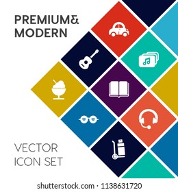 Modern, simple vector icon set on colorful flat background with glasses, file, transportation, sunglasses, automobile, rock, retro, hippie, textbook, automotive, auto, audio, internet, library icons