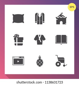 Modern, simple vector icon set on gradient background with white, clothing, woman, textbook, tower, box, medieval, fashion, pineapple, home, pillow, style, media, wheelchair, outfit, wear, bow icons