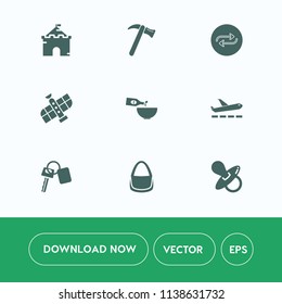 Modern, simple vector icon set on white background with child, auto, hammer, wine, bag, old, pacifier, dinner, drink, replace, fantasy, car, medieval, tool, orbit, concept, equipment, wrench icons
