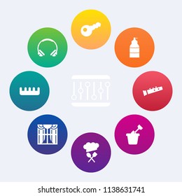 Modern, simple vector icon set on colorful circle backgrounds with music, safe, sign, paint, silhouette, key, equipment, concept, headphone, abstract, listen, comb, spray, chief, home, child icons