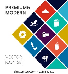 Modern, simple vector icon set on colorful flat background with cook, wooden, sweet, lunch, soup, rocking, musical, photo, ladle, dessert, technology, meal, diet, cake, utensil, play, baby, dish icons