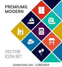 Modern, simple vector icon set on colorful flat background with communication, save, computer, toy, comfortable, transportation, armchair, space, file, boat, interior, white, spacecraft, ship icons