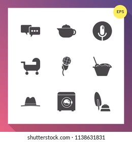Modern, simple vector icon set on gradient background with music, audio, concert, speech, carriage, sound, bubble, ink, karaoke, pram, communication, calligraphy, voice, microphone, restaurant icons