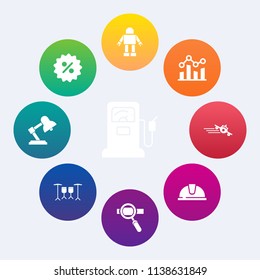 Modern, simple vector icon set on colorful circle backgrounds with tag, oil, pump, drum, gasoline, profit, fuel, energy, price, petrol, lamp, business, graph, flight, laptop, work, machine, sale icons