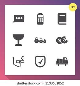 Modern, simple vector icon set on gradient background with sign, fitness, snack, phone, security, bubble, zoom, mobile, chat, old, wireless, dialog, message, measurement, shipping, find, search icons