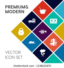 Modern, simple vector icon set on colorful flat background with seafood, coffee, record, transport, heavy, cargo, car, food, shipping, audio, tape, meal, bowl, transportation, drink, healthy icons