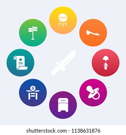 Modern, simple vector icon set on colorful circle backgrounds with bedroom, food, pacifier, ice, paper, child, kitchen, japan, knife, bbq, meat, file, fashion, machine, bed, taiko, document, kid icons