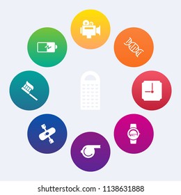 Modern, simple vector icon set on colorful circle backgrounds with grate, cooking, object, water, care, food, full, time, energy, half, clean, charger, cuisine, movie, cheese, dna, gadget, film icons