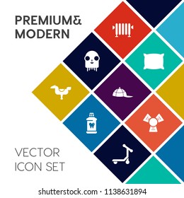 Modern, simple vector icon set on colorful flat background with fashion, white, cap, heater, bedroom, space, health, kid, cooler, care, brush, temperature, character, heat, scooter, humanoid icons