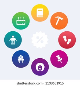 Modern, simple vector icon set on colorful circle backgrounds with rocket, map, spanner, character, circus, spaceship, sweet, library, equipment, delicious, holiday, shop, sugar, robot, footwear icons