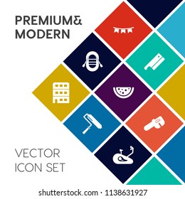 Modern, simple vector icon set on colorful flat background with travel, steel, party, background, decoration, wall, fitness, watermelon, bicycle, celebration, bike, hammer, architecture, flag icons