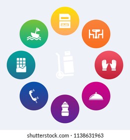 Modern, simple vector icon set on colorful circle backgrounds with computer, sea, family, bottle, water, restaurant, document, drink, weight, sign, man, happy, call, yacht, container, boat, ship icons