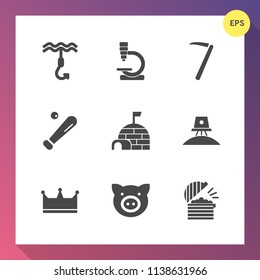 Modern, simple vector icon set on gradient background with ball, spanner, research, construction, fishing, animal, swine, hammer, science, baseball, coffee, restaurant, astronaut, spaceship, pig icons