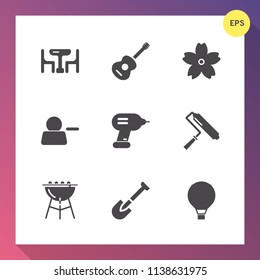 Modern, simple vector icon set on gradient background with spring, woman, pictogram, cooking, blossom, home, parachute, sky, paint, equipment, man, roller, white, shovel, rock, construction, bbq icons