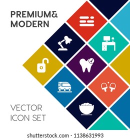 Modern, simple vector icon set on colorful flat background with protection, healthy, travel, railway, empty, top, sport, tennis, web, food, space, game, chart, blue, text, van, furniture, table icons