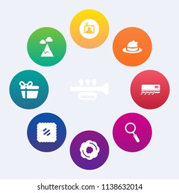 Modern, simple vector icon set on colorful circle backgrounds with television, stamp, screen, landscape, instrument, food, mail, top, air, gift, mountain, sky, zoom, glass, nature, style, sweet icons