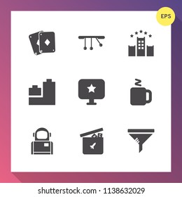 Modern, simple vector icon set on gradient background with child, science, pendulum, poker, conditioner, room, vacation, ball, earth, toy, play, filter, clean, web, espresso, teddy, star, bed icons