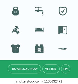 Modern, simple vector icon set on white background with knife, check, bathroom, foreman, kitchen, metal, kilogram, furniture, clothing, cabinet, sign, work, bed, plumbing, clean, interior, home icons