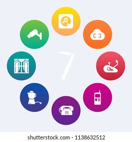 Modern, simple vector icon set on colorful circle backgrounds with spanner, hot, curtain, digital, melody, window, wrench, sound, light, protection, drink, tea, tool, telephone, repair, work icons