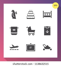 Modern, simple vector icon set on gradient background with web, room, airport, equipment, sign, cloth, bed, home, airplane, television, pastry, animal, nursery, carriage, stroller, garden, cute icons