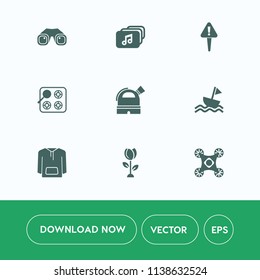 Modern, simple vector icon set on white background with control, binocular, travel, cooking, web, caution, danger, flower, floral, clothing, internet, music, sail, spring, file, blossom, drone icons