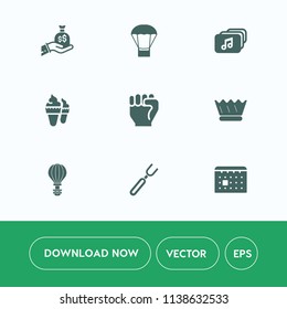 Modern, simple vector icon set on white background with restaurant, dollar, people, cash, dinner, day, finance, hand, sweet, fork, cream, dessert, air, parachute, luxury, concept, extreme, sky icons