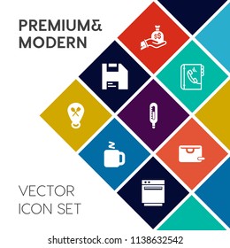 Modern, simple vector icon set on colorful flat background with restaurant, espresso, computer, buy, disk, book, hot, beverage, sack, diskette, dollar, sign, currency, location, sale, hand, oven icons