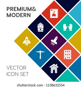 Modern, simple vector icon set on colorful flat background with space, construction, house, glove, protection, menu, science, potato, snack, home, galaxy, rocket, real, launch, urban, craft, eat icons