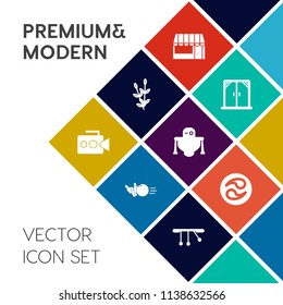 Modern, simple vector icon set on colorful flat background with video, shop, pin, japanese, natural, buy, interior, plant, technology, pendulum, supermarket, sport, cyborg, harvest, room, food icons