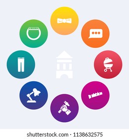 Modern, simple vector icon set on colorful circle backgrounds with musical, sign, network, fire, construction, dialog, helmet, bubble, smart, watch, foreman, elegance, food, speech, pants, touch icons