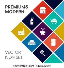 Modern, simple vector icon set on colorful flat background with nature, equipment, kitchen, media, insect, sale, brush, butterfly, landscape, refrigerator, technology, art, sunny, store, care icons