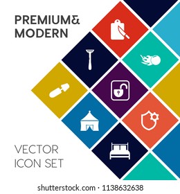 Modern, simple vector icon set on colorful flat background with lash, razor, star, dinner, entertainment, makeup, lock, unlock, bedroom, open, settings, fork, knife, object, circus, eyelash, fun icons