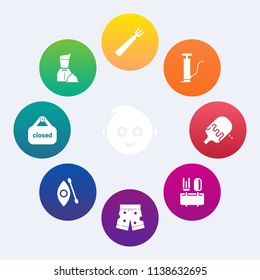 Modern, simple vector icon set on colorful circle backgrounds with happy, kitchen, shop, meal, shorts, fork, gasoline, ice, wear, restaurant, oil, knife, spoon, template, kayak, cute, white, kid icons