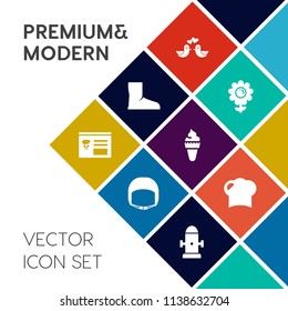 Modern, simple vector icon set on colorful flat background with dove, department, hat, heart, white, couple, belt, construction, hydrant, industrial, chef, fire, cream, blossom, bird, sweet, ice icons