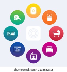 Modern, simple vector icon set on colorful circle backgrounds with pot, business, plastic, analytics, top, container, kid, screen, ventilator, cooking, identity, fan, poker, play, kitchen, black icons