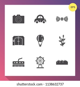 Modern, simple vector icon set on gradient background with bow, photographer, camera, equipment, drive, parachute, auto, automobile, elegance, harvest, park, fashion, sign, picture, vehicle, tie icons