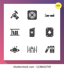 Modern, simple vector icon set on gradient background with game, play, fan, file, site, library, ventilator, poker, technology, modern, planet, office, industry, restaurant, school, glasses, air icons