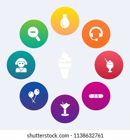 Modern, simple vector icon set on colorful circle backgrounds with summer, innovation, energy, music, graphic, japan, glass, electric, minimal, light, medicine, white, cocktail, bar, medical icons