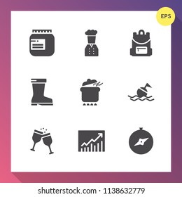 Modern, simple vector icon set on gradient background with fashion, life, sweet, head, concept, boot, restaurant, compass, jar, food, buoy, container, style, dish, education, footwear, meal, pot icons