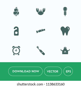 Modern, simple vector icon set on white background with musical, studio, gourmet, sound, hour, health, hygiene, pie, restaurant, dessert, pastry, sweet, sugar, dentist, care, watch, microphone icons