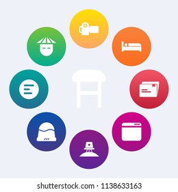 Modern, simple vector icon set on colorful circle backgrounds with technology, exploration, astronaut, internet, button, website, chinese, young, chair, mobile, person, document, room, browser icons