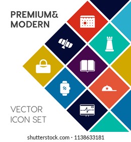Modern, simple vector icon set on colorful flat background with orbit, health, smart, technology, science, pulse, clothing, time, fashion, game, watch, timetable, library, king, screen, space icons