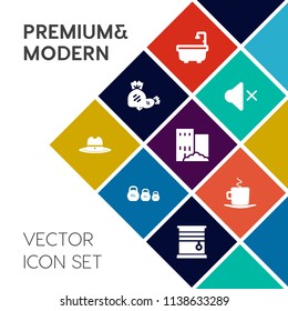 Modern, simple vector icon set on colorful flat background with toilet, measurement, building, cafe, interface, weight, volume, striped, coffee, estate, shower, sheriff, cup, house, sweet, home icons